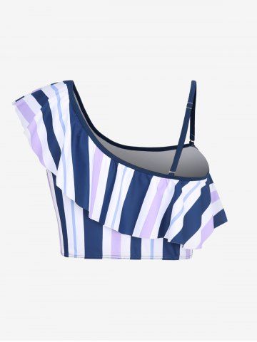 Plus Size Cold Shoulder Stripe Colorblock Sunflowers Leaf Print Cinchd Ruffles Skirted 3 PCS Tankini Set