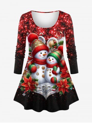 T-shirt Brillant 3D Boule Bonhomme de Neige et Fleur Imprimés à Manches Longues Grande Taille - RED - XS