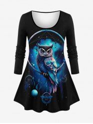 Plus Size Galaxy Owl Dream Catcher Feather Tassel Print  Long Sleeve T-shirt -  