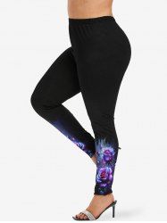 Plus Size Glitter Rose Flower Leaf Print Ombre Skinny Leggings -  