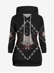 Plus Size Rose Flower Trim Rhombus Cat Bowknot Galaxy Print Pocket Drawstring Pullover Hoodie -  