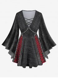Plus Size Buckles Fishnet Lace Up Braided Denim 3D Print Lattice Crisscross Flare Sleeve Top -  