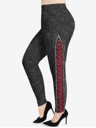 Plus Size Denim Fishnet Grommets Lace Up Braided 3D Print Leggings -  