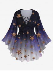Plus Size Flare Sleeves Glitter Sparkling Stars Print Ombre Lattice Top -  