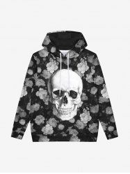 Gothic Skull Rose Flower Print Fleece Lining Drawstring Hoodie For Men -  