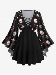 Plus Size Valentine's Day Skull Skeleton Heart Ribbon Stars Print Lattice Crisscross Flare Sleeve Top -  