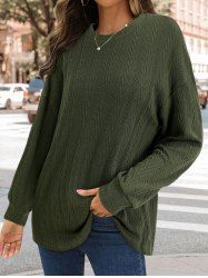 Drop Shoulder Cable Solid Crew Neck Pullover Sweater -  