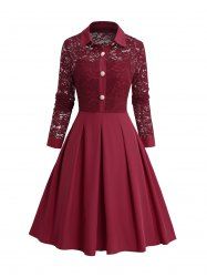 Half Button Lace Panel Mesh Dress -  