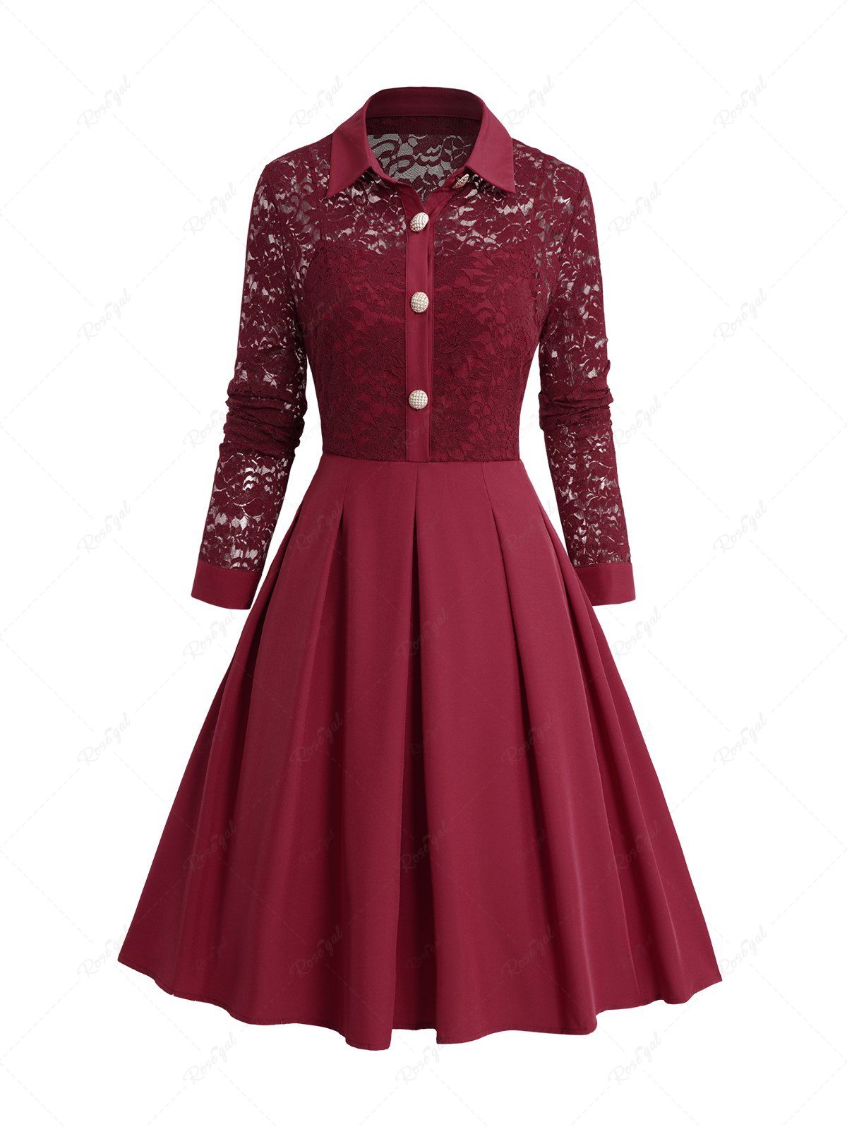 Buy Half Button Lace Panel Mesh Dress  