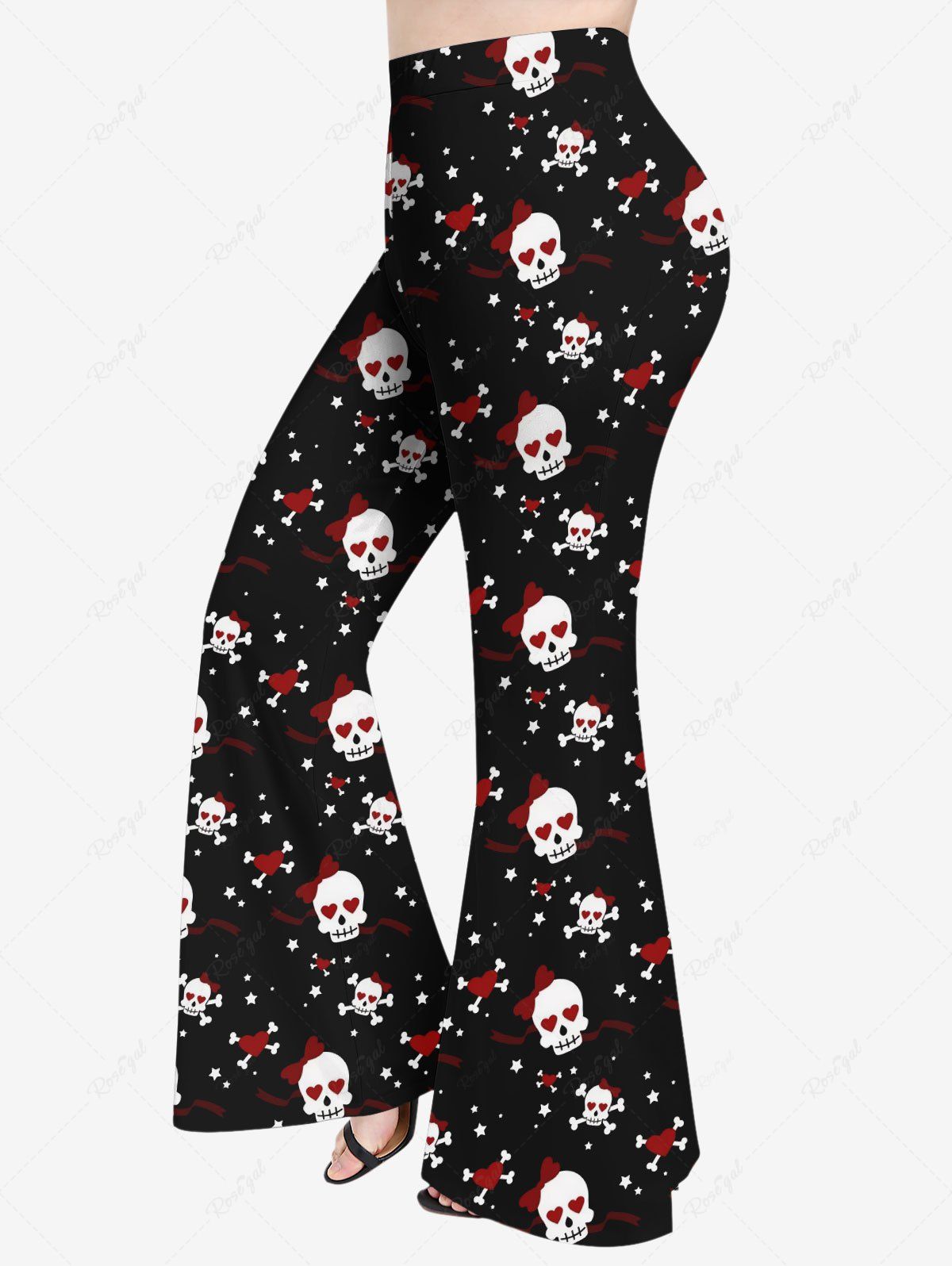 New Plus Size Valentine's Day Skulls Skeleton Heart Stars Ribbons Print Flare Pants  