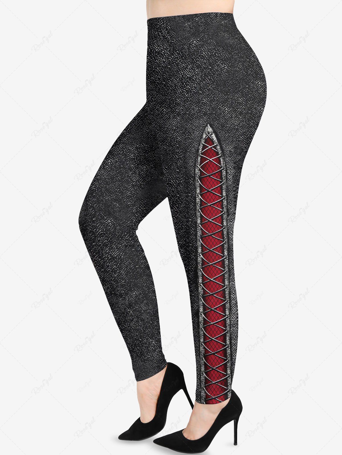 Legging 3D Jean Tressé Imprimé en Résille de Grande Taille à Lacets Noir 6X