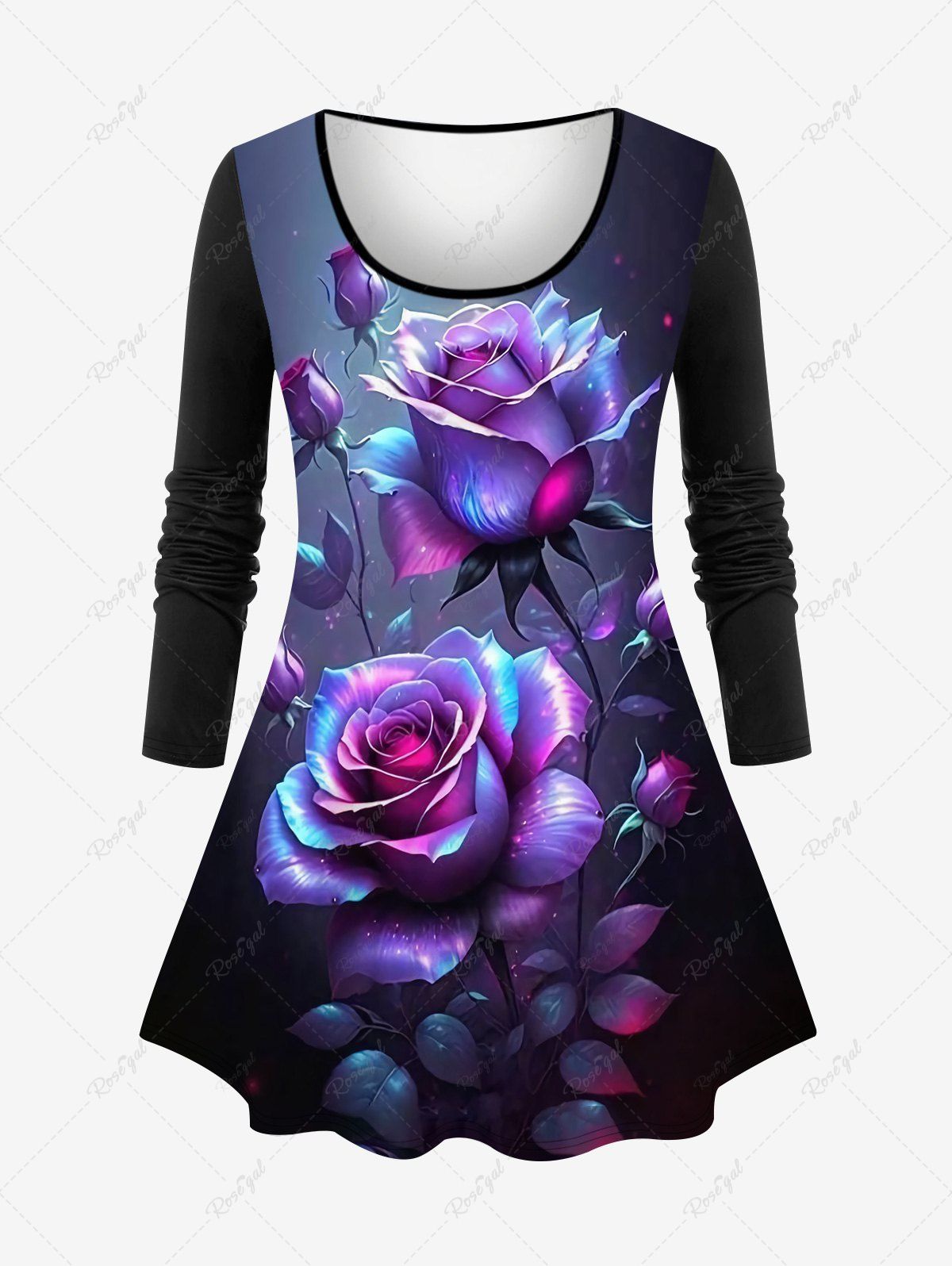 Chic Plus Size Glitter Rose Flower Leaf Print Ombre Long Sleeves T-shirt  