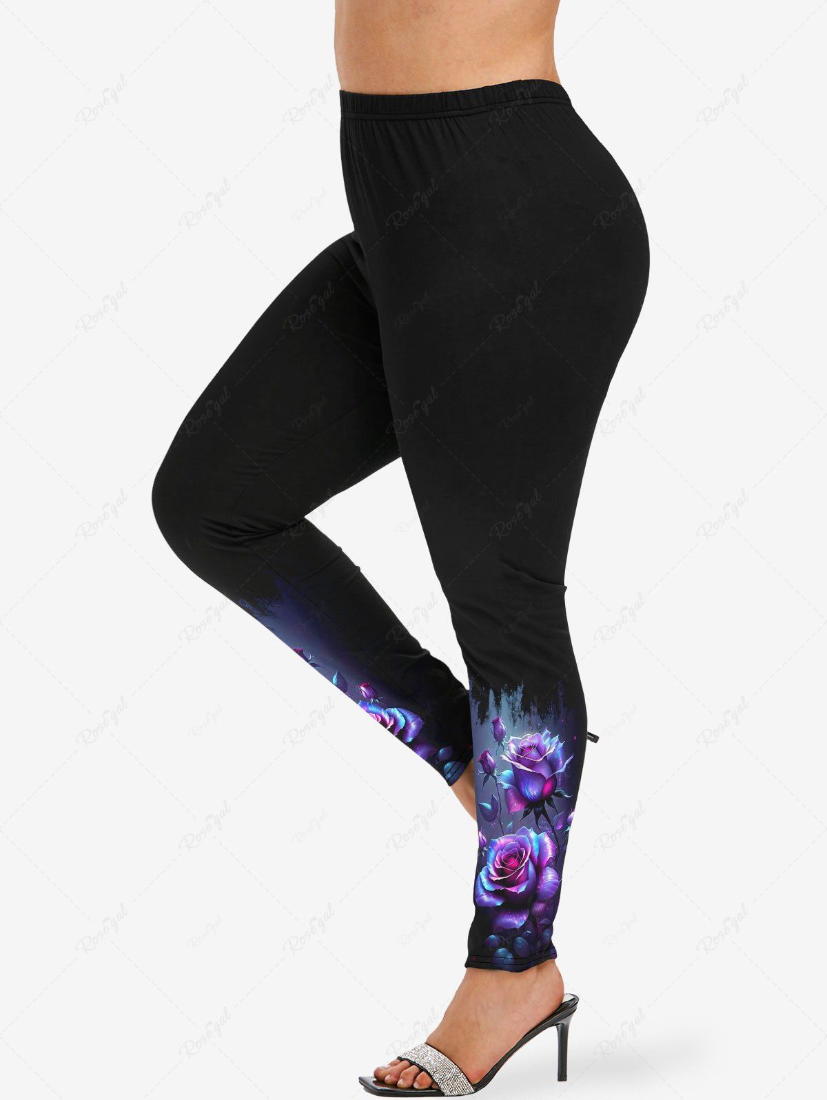 Outfits Plus Size Glitter Rose Flower Leaf Print Ombre Skinny Leggings  