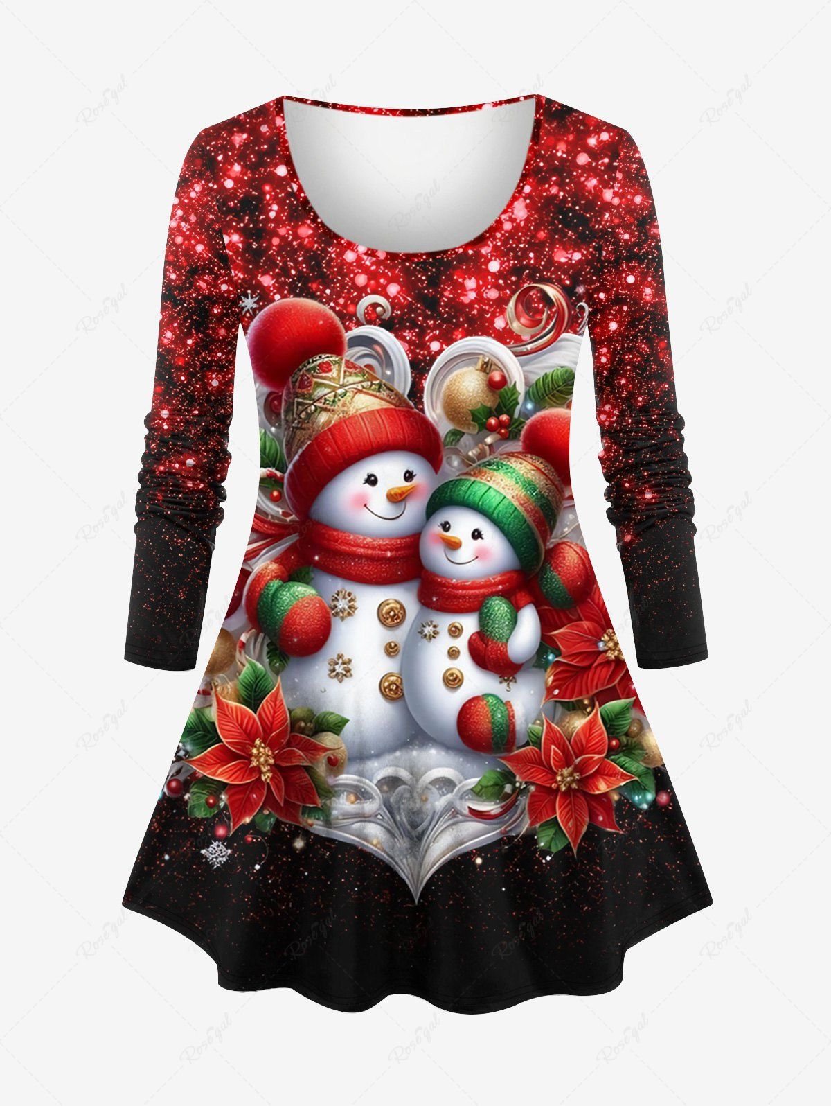 Sale Plus Size Christmas Ball Flower Snowman Snowflake Sparkling Sequin Glitter 3D Print Long Sleeve T-shirt  