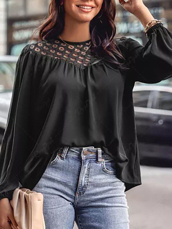 Blouse en Mousseline à Détail Dentelle à Manches Lanternes Noir M | États-Unis 6