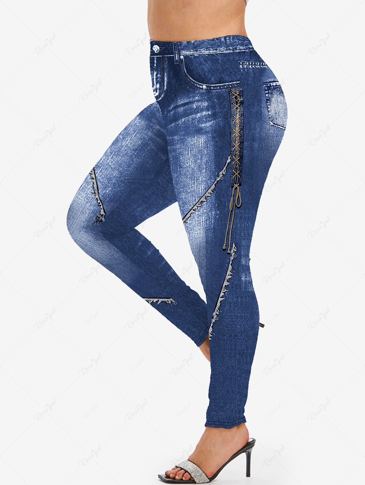 Chic Plus Size 3D Denim Lace Up Pockets Topstitching Buttons Print Skinny Leggings  