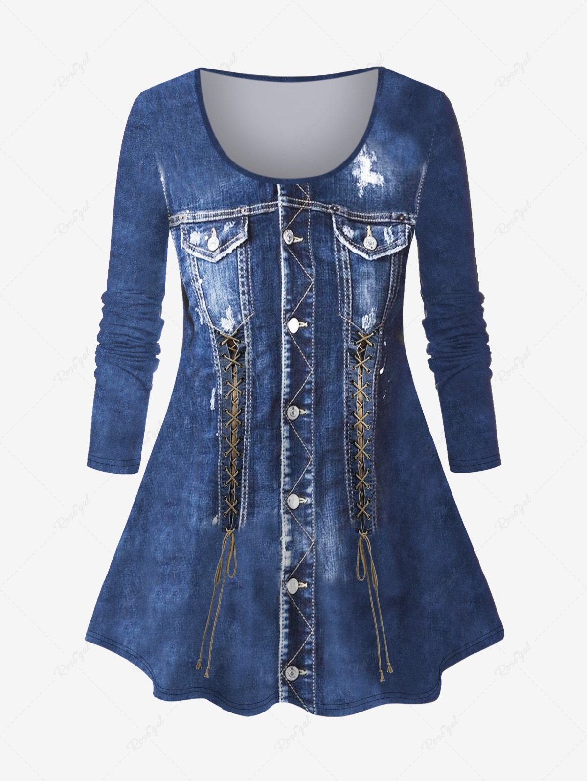 Unique Plus Size 3D Denim Pocket Lace Up Buttons Ripped Topstitching Print Ombre Long Sleeves T-shirt  