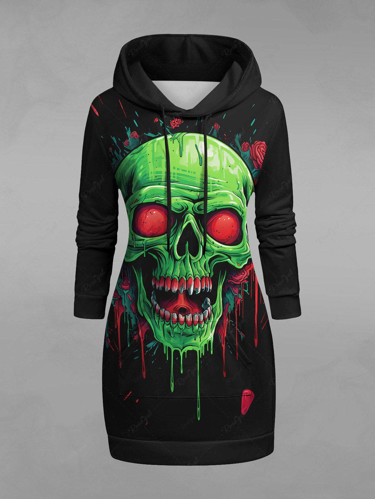 Affordable Gothic 3D Bloody Skull Rose Flower Print Pocket Drawstring Pullover Long Sleeves Hoodie  