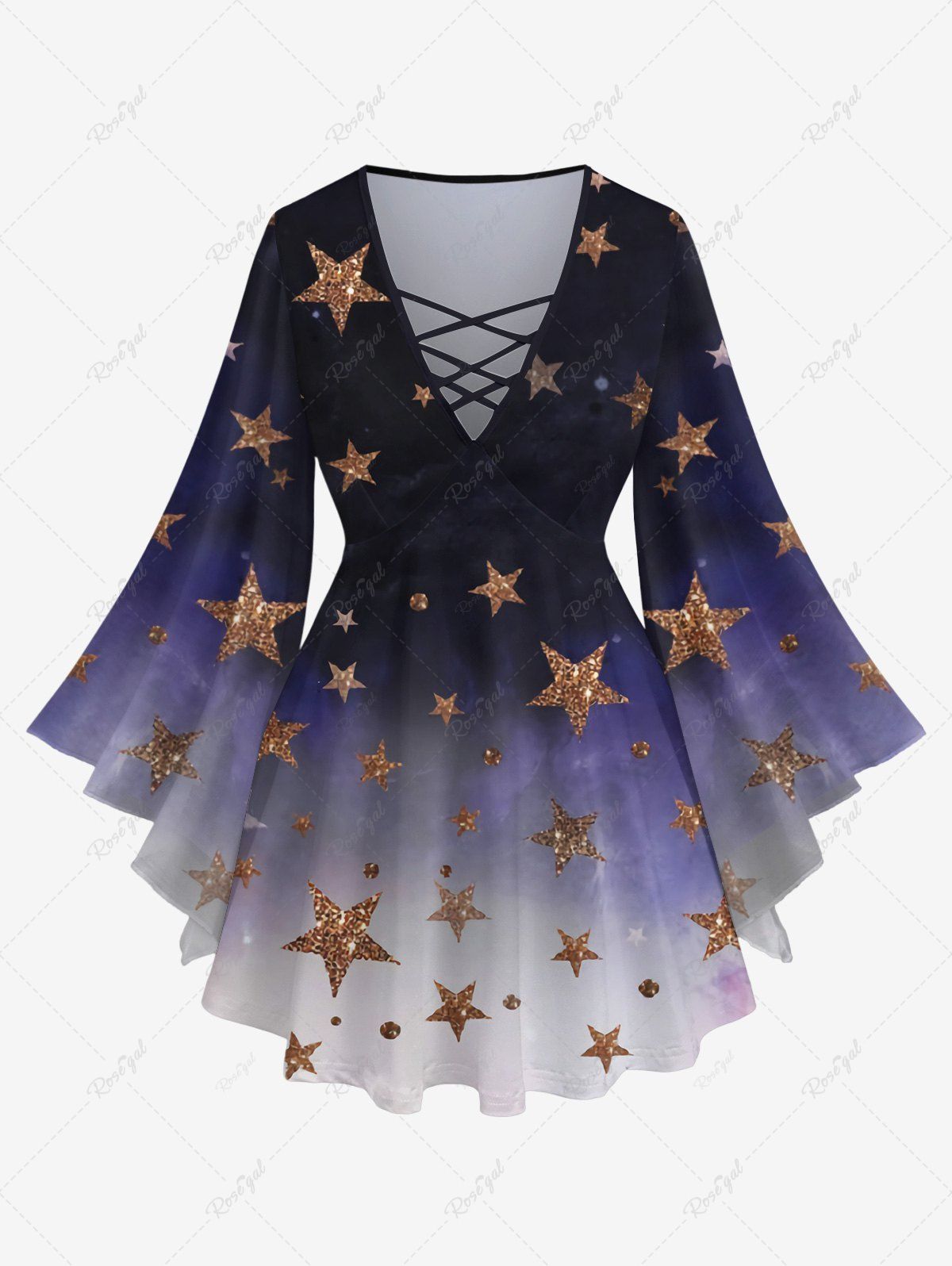 Discount Plus Size Flare Sleeves Glitter Sparkling Stars Print Ombre Lattice Top  