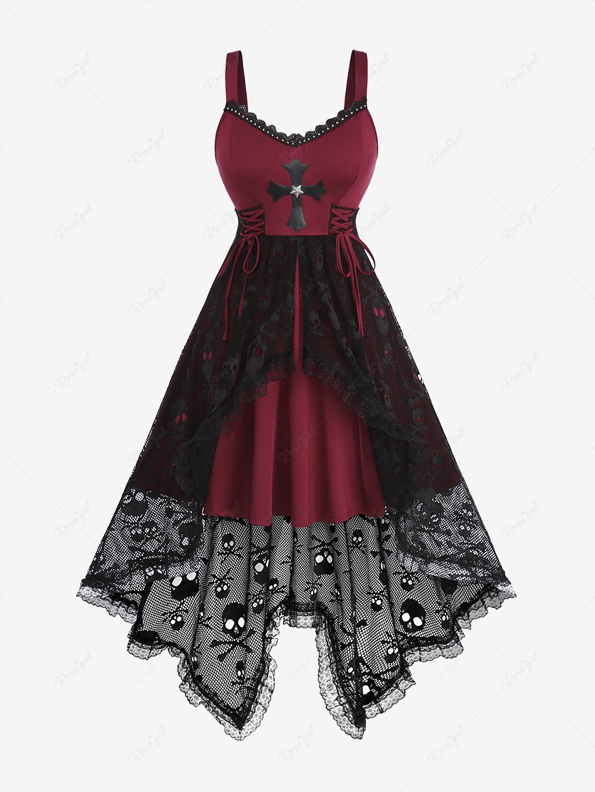 Shop Plus Size Lace-up Cross High Low Skulls Mesh Rivet Lace Trim Asymmetrical Tank Dress  