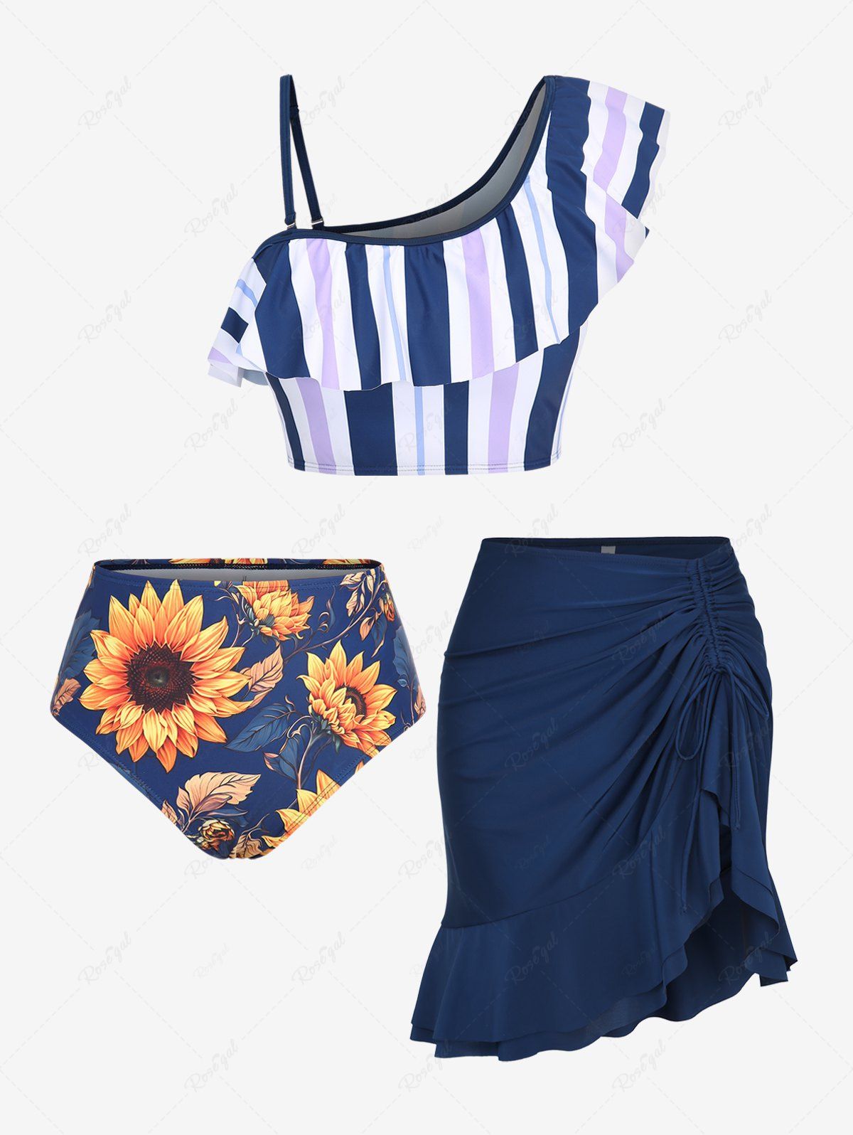 Store Plus Size Cold Shoulder Stripe Colorblock Sunflowers Leaf Print Cinchd Ruffles Skirted 3 PCS Tankini Set  