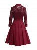Half Button Lace Panel Mesh Dress -  