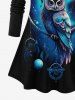 T-shirt Hibou et Plume Imprimés à Manches Longues de Grande Taille à Frange - Bleu 6X