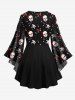 Plus Size Valentine's Day Skull Skeleton Heart Ribbon Stars Print Lattice Crisscross Flare Sleeve Top -  