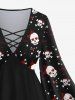 Plus Size Valentine's Day Skull Skeleton Heart Ribbon Stars Print Lattice Crisscross Flare Sleeve Top -  