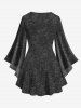 Plus Size Buckles Fishnet Lace Up Braided Denim 3D Print Lattice Crisscross Flare Sleeve Top -  