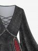 Plus Size Buckles Fishnet Lace Up Braided Denim 3D Print Lattice Crisscross Flare Sleeve Top -  