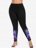 Plus Size Glitter Rose Flower Leaf Print Ombre Skinny Leggings -  