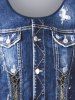 Plus Size 3D Denim Pocket Lace Up Buttons Ripped Topstitching Print Ombre Long Sleeves T-shirt -  