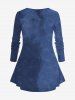 Plus Size 3D Denim Pocket Lace Up Buttons Ripped Topstitching Print Ombre Long Sleeves T-shirt -  