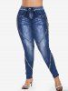 Plus Size 3D Denim Lace Up Pockets Topstitching Buttons Print Skinny Leggings -  