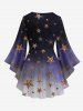 Plus Size Flare Sleeves Glitter Sparkling Stars Print Ombre Lattice Top -  