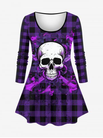 Plus Size Skull Cross Skeleton Plaid Attrited 3D Print Long Sleeve T-shirt - CONCORD - S