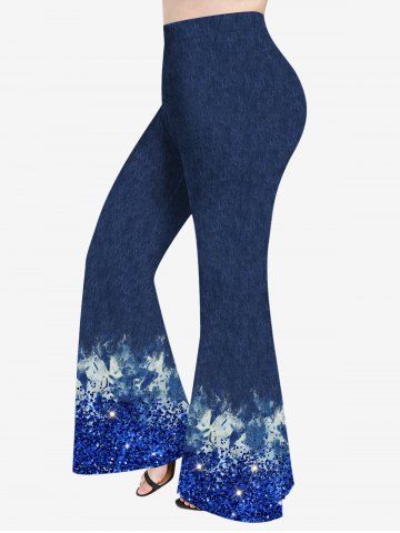 Plus Size Denim Tie Dye Sparkling Sequin Glitter 3D Print Flare Disco Pants - BLUE - S