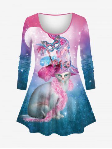Plus Size Glitter Sparkling Cat Fox Feather Hat Mask Stars Ombre Galaxy Print Long Sleeves T-shirt - LIGHT PURPLE - S