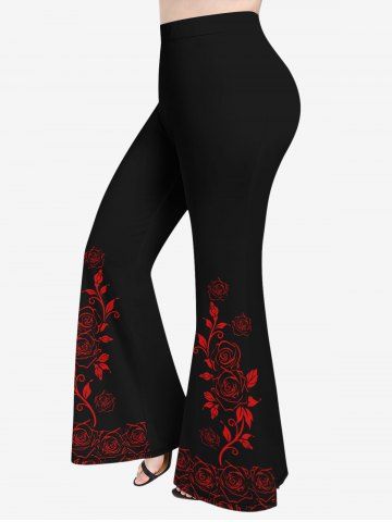 Pantalon Évasé Fleur à Imprimé Roses et Feuilles Grande-Taille - BLACK - M