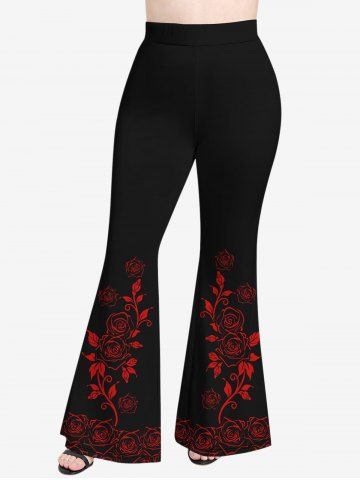 Plus Size Rose Flower Leaf Print Pull On Flare Pants