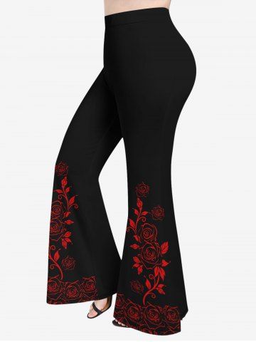 Plus Size Rose Flower Leaf Print Pull On Flare Pants - BLACK - L