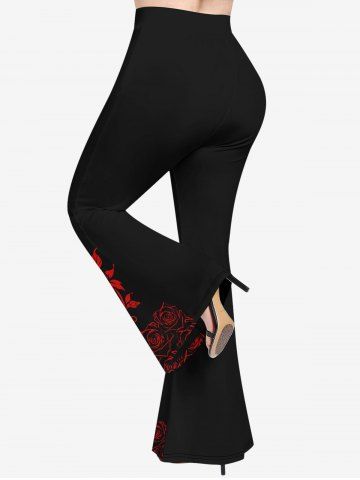 Plus Size Rose Flower Leaf Print Pull On Flare Pants