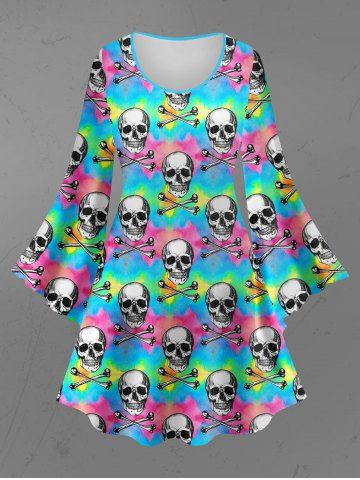 Gothic Flare Sleeves Colorful Ombre Striped Skulls Bones Print A Line Dress - MULTI-A - XS