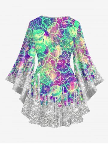 Plus Size Valentine's Day Heart Rose Flowers Sparkling Sequin Glitter 3D Print Lattice Crisscross Flare Sleeve Top