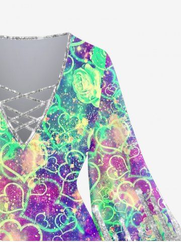 Plus Size Valentine's Day Heart Rose Flowers Sparkling Sequin Glitter 3D Print Lattice Crisscross Flare Sleeve Top