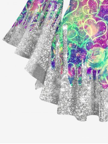 Plus Size Valentine's Day Heart Rose Flowers Sparkling Sequin Glitter 3D Print Lattice Crisscross Flare Sleeve Top