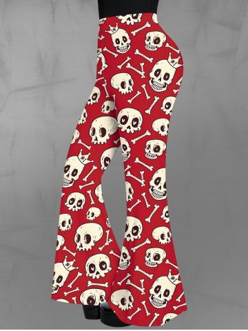 Gothic Skulls Crown Bone Print Pull On Flare Pants - RED - XS