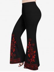 Pantalon Évasé Fleur à Imprimé Roses et Feuilles Grande-Taille - Noir 6X
