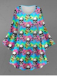 Gothic Flare Sleeves Colorful Ombre Striped Skulls Bones Print A Line Dress -  